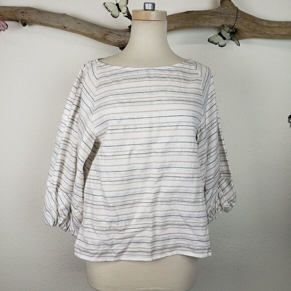 1.state striped boatneck blouse with bubble sleeve - Picture 1 of 8